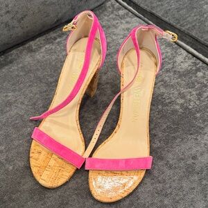 Stuart Weitzman Fuchsia Cork Heel Sandals